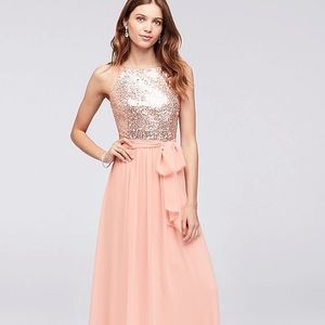 Sequin and Chiffon High Neck Floor Length Dress